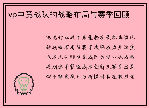 vp电竞战队的战略布局与赛季回顾