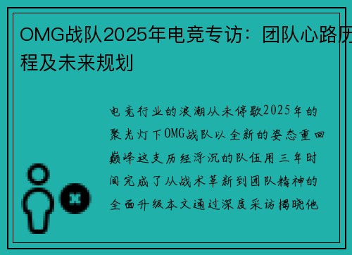 OMG战队2025年电竞专访：团队心路历程及未来规划